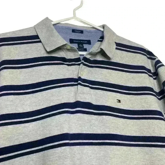 Tommy Hilfiger soft Heather grey w/stripes Short Sleeve polo Shirt-XL SLIM - Picture 5 of 7